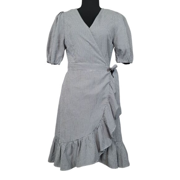 Navy & White Gingham Wrap Dress with Ruffle Hem - Size Small - Picture 1 of 7
